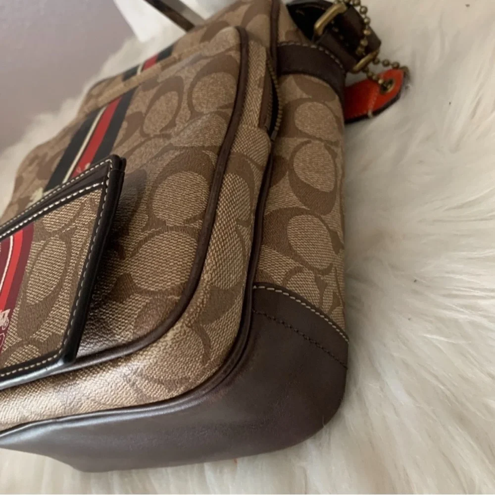 Vintage Coach Tan Messenger Bag with Red and Black Stripes
